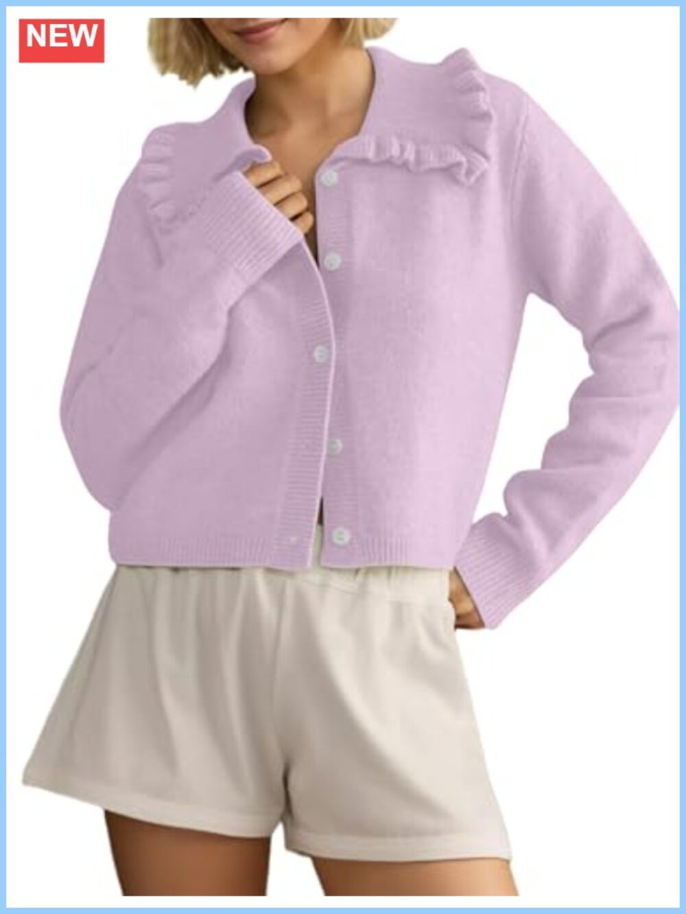 Ruffle Collar Cropped Cardigan Button Down Open Front Long Sleeve Knit Sweater